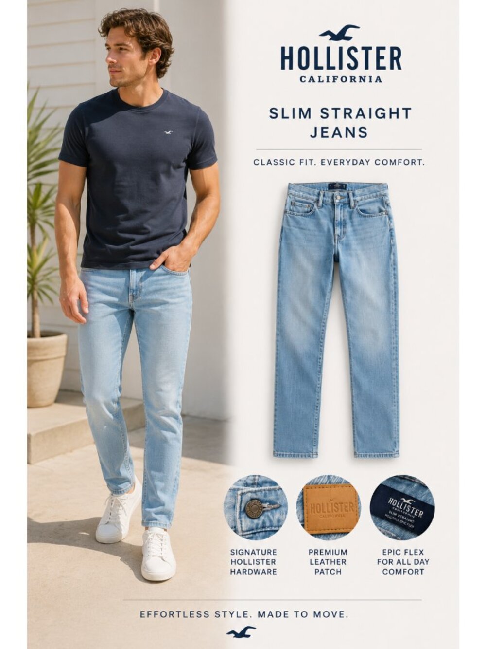 Hollister Epic Flex Slim Straight Men's Jeans Light Wash Stretch Denim‎ W32 L34
